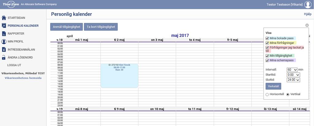 I personlig kalender anmäler du din tillgänglighet (visar för Vikarieenheten hur du kan jobba) genom att trycka på