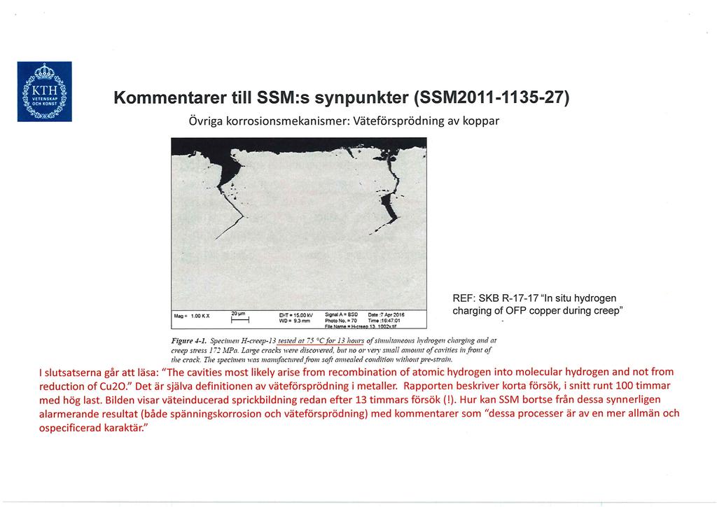 -_-=e.'-» f.. # ä... 11%! 41. it 35 Kommentarer till SSM:s synpunkter (SSM2011-1135-27) [:. (."_, Övriga korrosionsmekanismer: Väteförsprödning av koppar x. I - _, _. _] _» I. I ' Mag: 1.00KX 20pm 5.