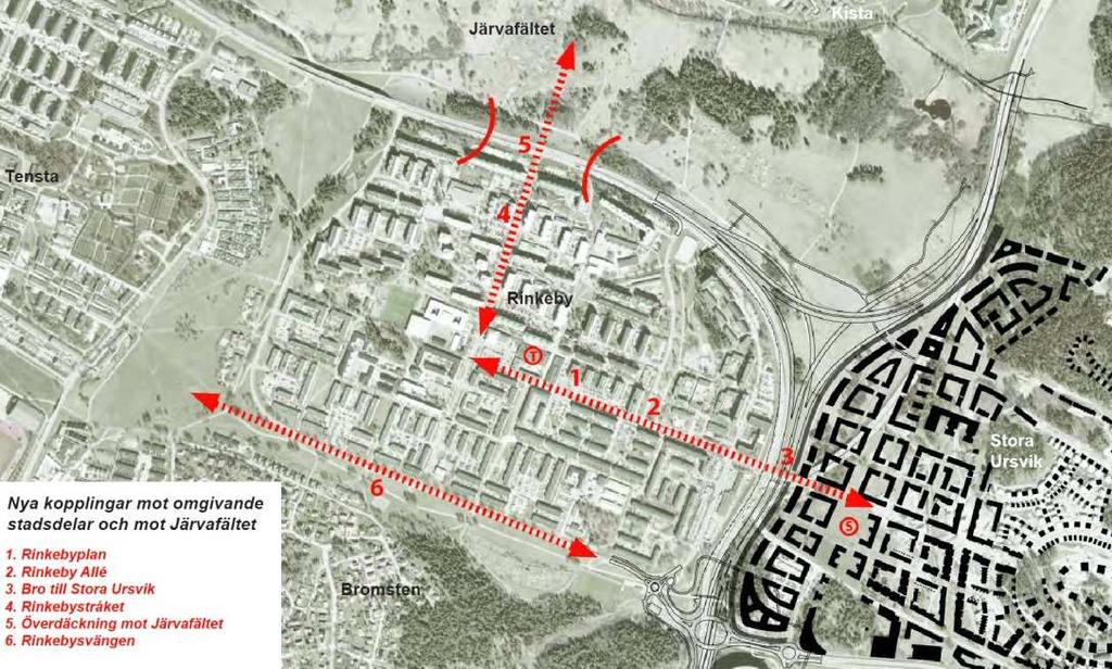 Sida 4 (7) (2013) där däcket fungerar som en 300 meter lång brygga över trafikleden till Järvafältet och vidare mot Kista. En detaljplan för Rinkebystråket vann laga kraft 2012.