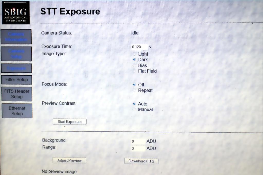 Här bestämmes exponeringen. Skriv in lämplig tid i sekunder. "Image Type" ska vara "Light". Klicka "Start Exposure". Tiden räknas ner, överföring av bilden görs. Den visas nedanför i samma fönster.