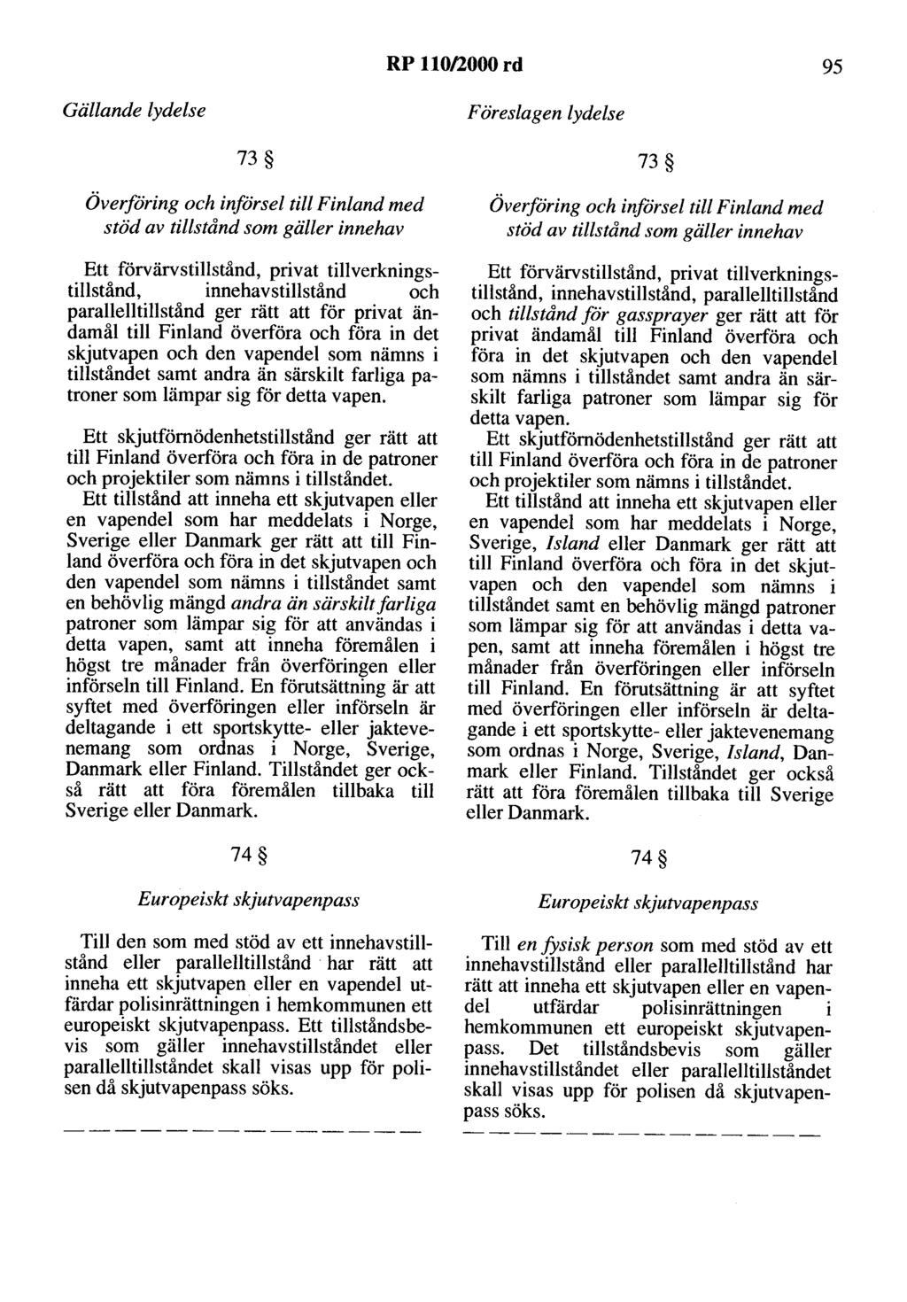 RP 110/2000 rd 95 Gällande lydelse Föreslagen lydelse 73 Överföring och införsel till Finland med stöd av tillstånd som gäller innehav Ett förvärvstillstånd, privat tillverkningstillstånd,
