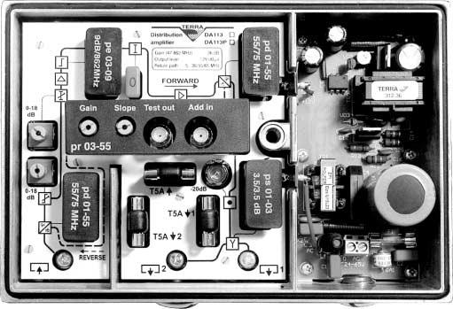 DA-113/DA-103 1 2 3 4 5 6 7 8 9 10 11 12 13 14 15 16 17 1 Justerbar tilt (0 18dB) 2 Justerbar dämpning (0 18dB) 3 Ingång (5/8 kontakt) 4 Diplexfilter pd vid retur (ersätts med pl 01-00) 5 Tiltmodul