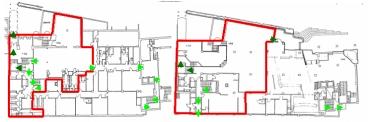 5. Exempel på tillämpning Alternativ 2: Den andra totallösningen för brandsäkerheten är att dela upp samlingslokalen i två brandceller, källare och bottenvåning, m.h.a. två dörrar uppställda på magnet i källarplanet i anslutning till halvplanen.