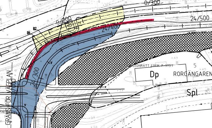 Figur 7 T.v. Skepparplatsen och planerad stödmur (röd), nytt vägområde (blått) samt tillfälligt nyttjande (gult). T.h Tvärsektion som illustration av stödmurens utformning.