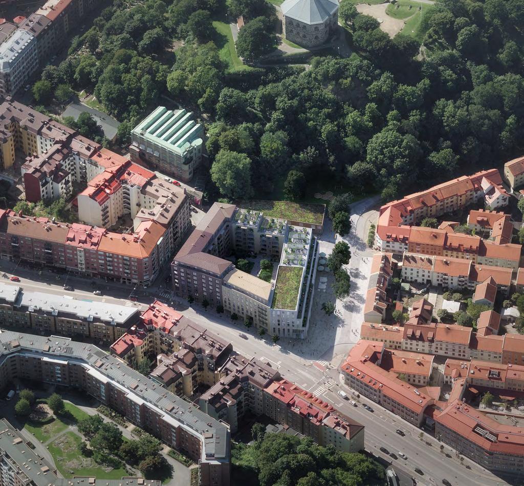 Grönskan från berget Vybild Skanstorget från ost Fotomontage Grönskan har vandrat ner från Skansberget och blivit en del av torgets liv. Förskolans gröna biotoptak blir nästan ett med bergets fot.