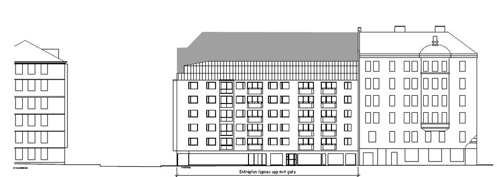 T.h. Mötet med grannhuset mot Hornsgatan. Fastigheten inrymmer idag 74 hyresrätter samt kontor och en större livsmedelsbutik i gatuplan. En innegård som är ca 1000 kvm ligger något upphöjd.