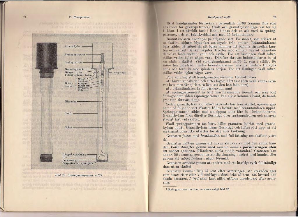 71 V. Handgranater. Bild 29. Spränghandgranat m/3.9. Handgranat m/39. 75 l r, HL handgranater förpackas i patronlåda ~98 (samma låda som 1111 \'ltlld ' S för gevärspatroner).