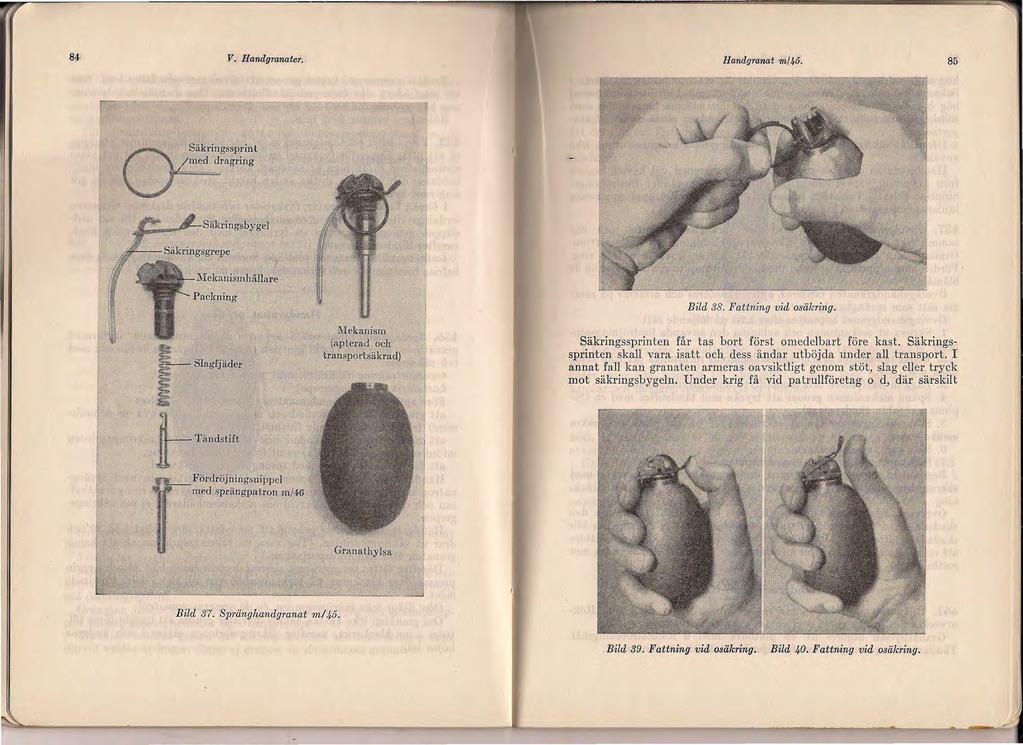 84- V. Handgranater. Handgranat m/4/). 85 Bild 38. Fattning vid osäkring. Säkringssprinten får tas bort först omedelbart före kast.