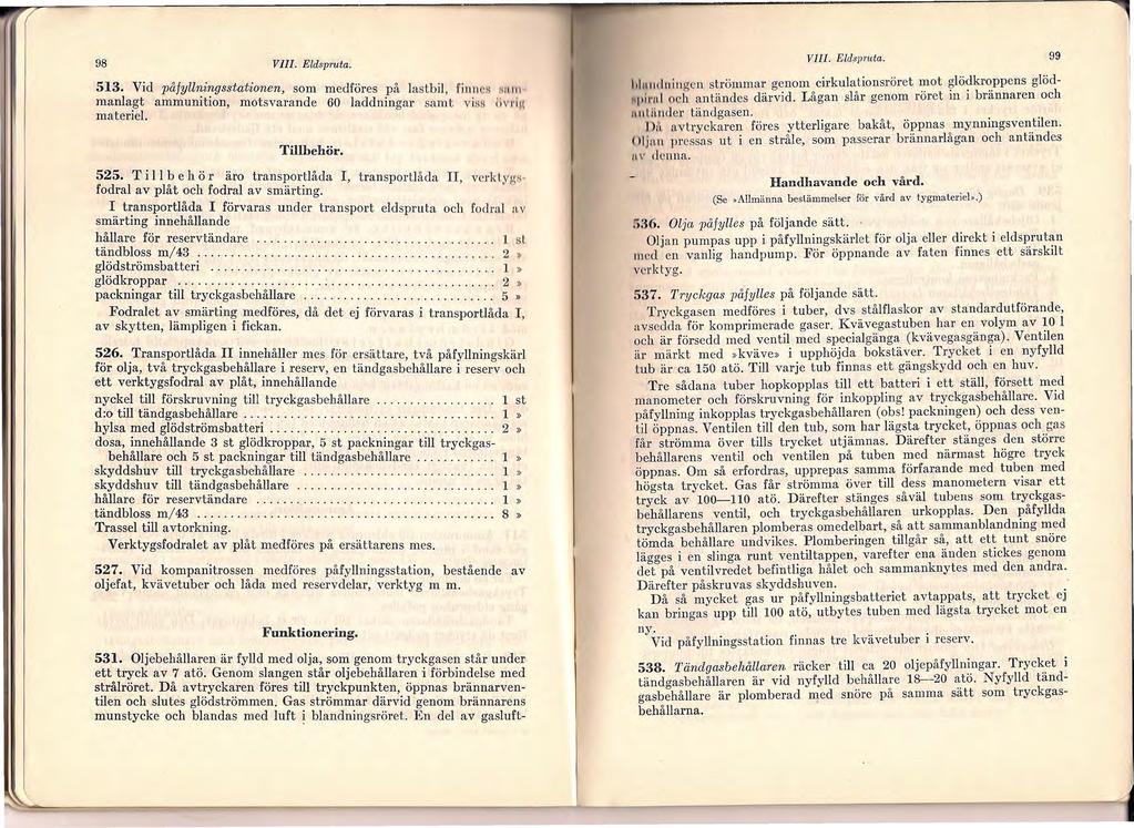 --- 98 VIII. Eldspruta. 513. Vid påfyllningsstationen, som medföres på lastbil, filiii 'S s n 11 1 manlagt ammunition, motsvarande 60 laddningar samt v i ~s ii 1 ig materiel. Tillbehör. 525.