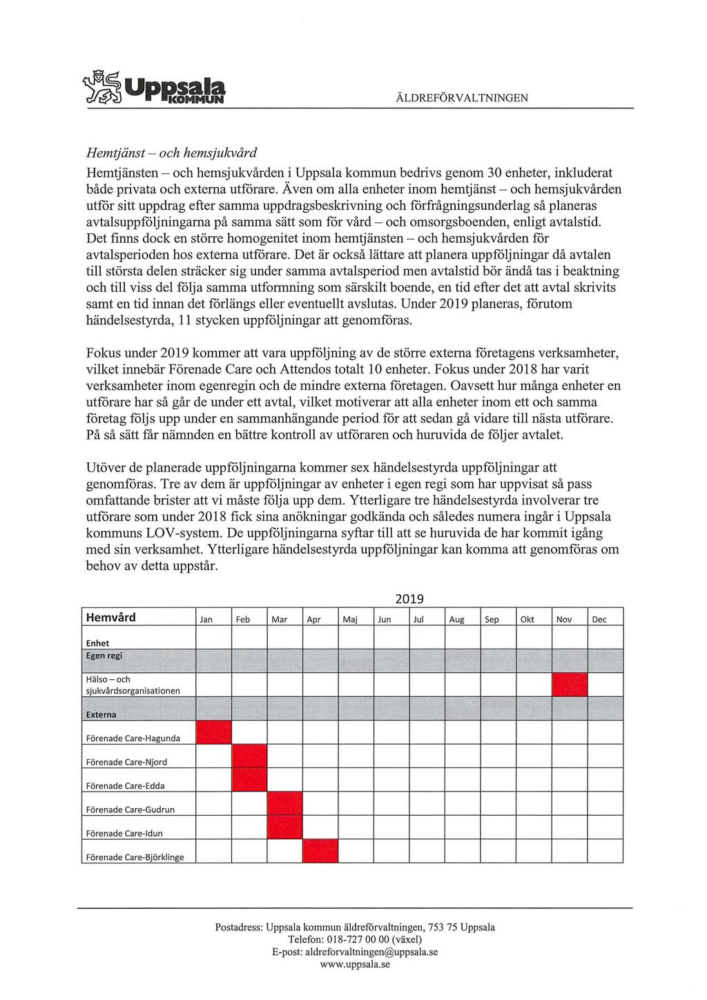 upp,eifi ÄLDREFÖRVALTNINGEN Hemtjänst och hemsjukvård Hemtjänsten och hemsjukvården i Uppsala kommun bedrivs genom 30 enheter, inkluderat både privata och externa utförare.
