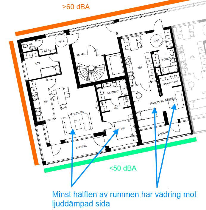 Figur 2 Exempel på lägenheter i flerbostadshus mot Tyresövägen De tre bostäderna som får takterasser på flerbostadshuset beräknas få ekvivalenta ljudnivåer som varierar mellan 49 till 55 db(a) på