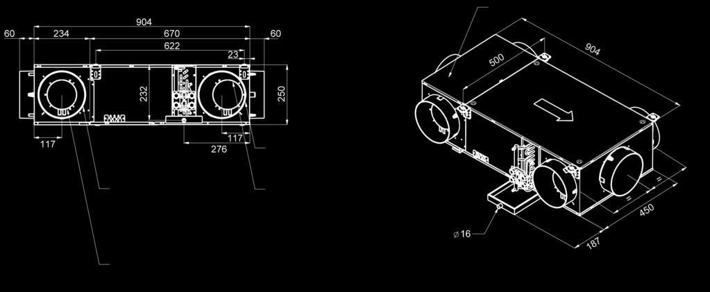mm eller Friskluftsöppning ø 125 mm Storlek 0 Kompakt in-line modell, kanalansluten returluft Friskluftsöppning ø 125 mm Storlek 1 Moduluppbyggd modell (med returluftskammare