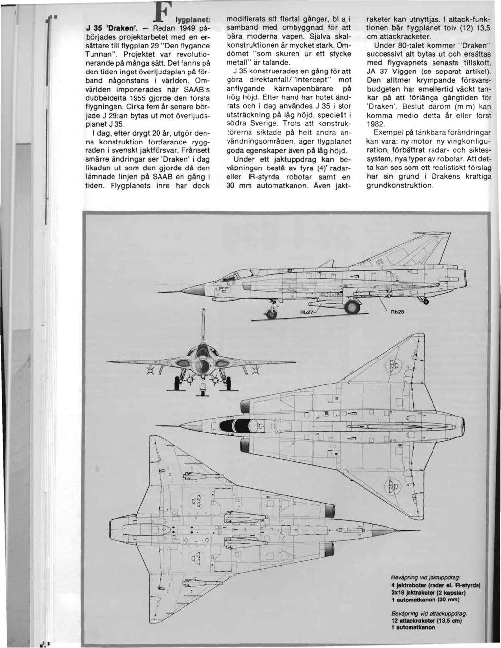 ,J. I a F lygplanet J 35 'Draken'. - Redan 1949 påbörjades projektarbetet med en ersättare till flygplan 29 " Den flygande Tunnan". Projektet var revolutionerande på många sätt.