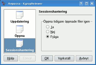 Sidan Sessionshantering låter dig ändra beteende hos KGraphViewer när det startar.