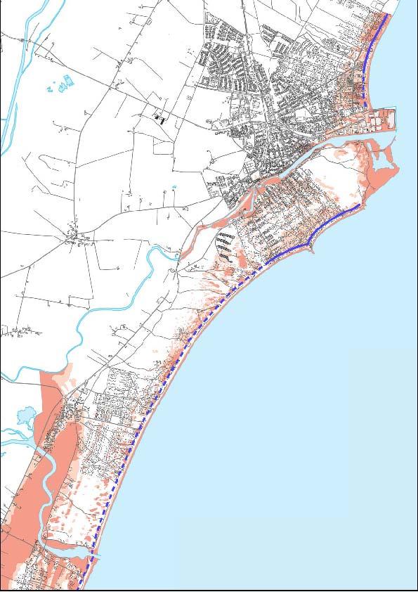 Preliminära riskområden för erosion, 100 meter in från stranden.