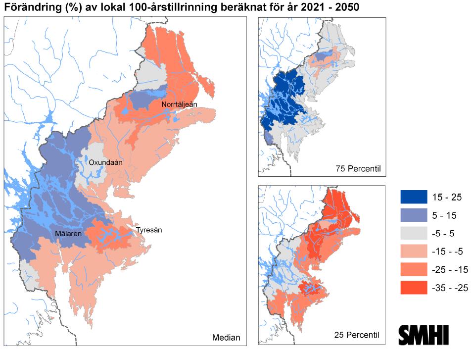 2016-02-26, s 23 (65) Figur 19 och 20. Förändring av lokal 100-årstillrinning i olika delar av Stockholms län för perioden 2021-2050 respektive 2069-2098 jmf referensperioden 1963-1992.