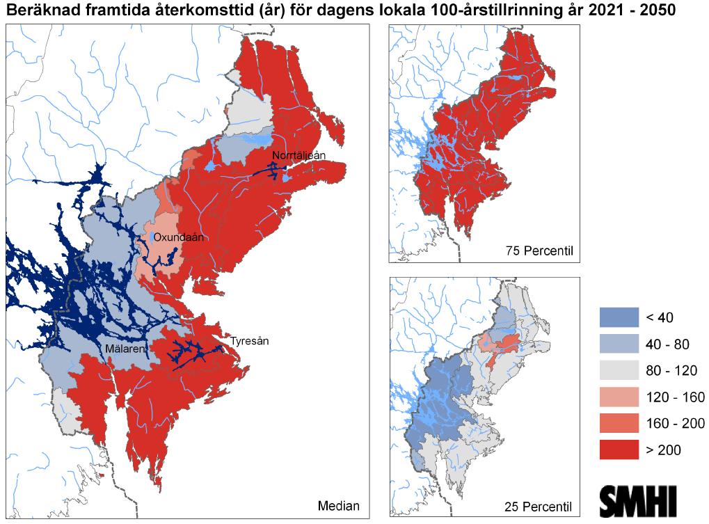 2016-02-26, s 24 (65) Figur 21 och 22. Beräknad framtida återkomsttid (år) för dagens lokala 100-årstillrinning perioden 2021 2050 respektive 2069-2098 jmf referensperioden 1963-1992.