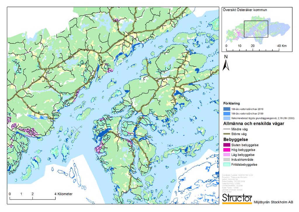 2016-02-26, s 33 (65) Figur 25. Havsnivåer, bebyggelse och vägar inom Österåkers kommun.