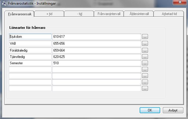 Observera att du även ska tänka på att markera aktuella rutor under rubriken Tidanalys - Urval frånvaroorsak och +/- tid, som beskrivs på sidan 5.