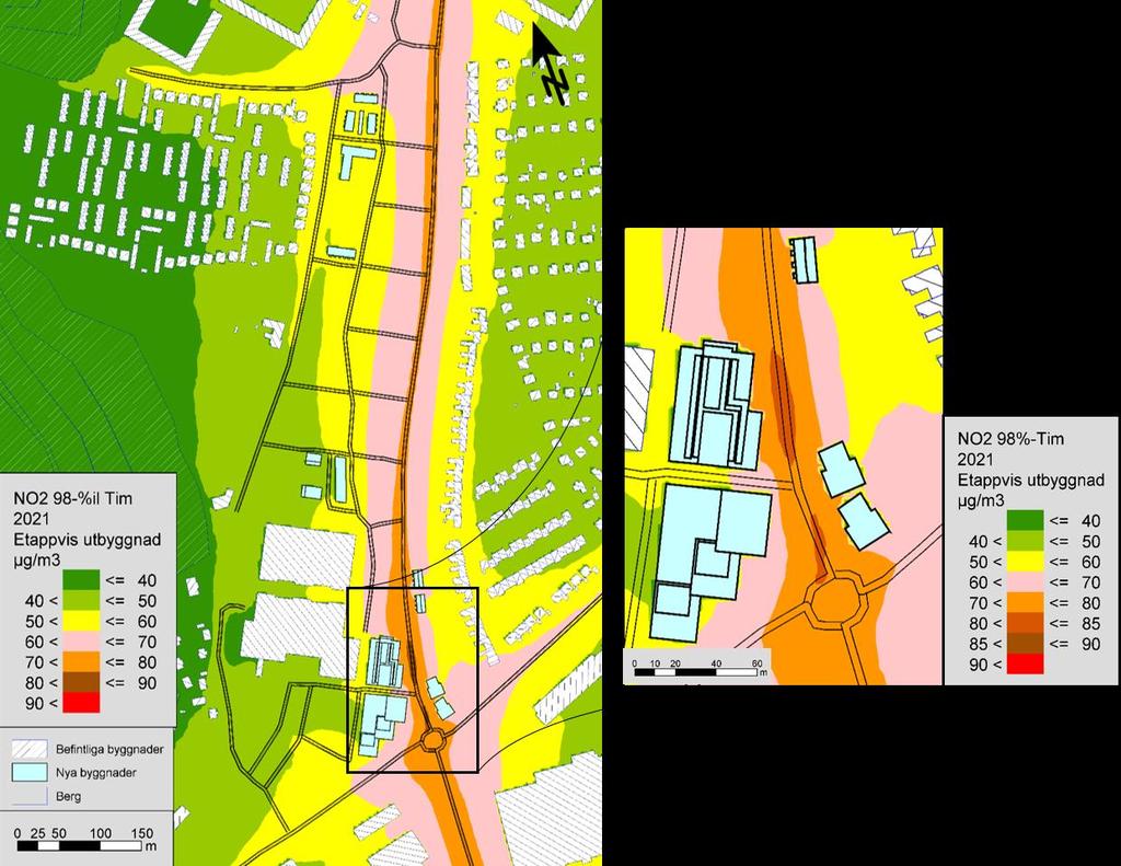 RAPPORT 23 Figur 8. 98-percentil av timmedelvärdet av NO₂ (µg/m³) för inflyttningsåret 2021 med den bebyggelse som kan förväntas vara färdigbyggd då.
