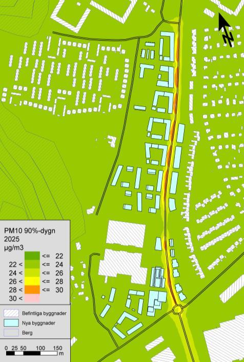 RAPPORT 25 uppgår de högsta halterna längs Bifrostgatan genom planområdet där bebyggelsen skapar ett slutet gaturum till 30 µg/m³, vilket innebär att nivån för miljökvalitetsmålet tangeras.