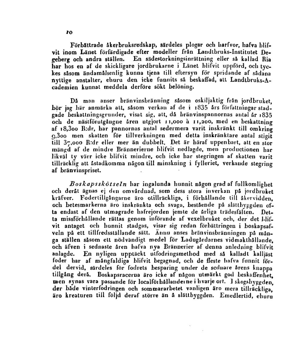 10 Förbättrade åkerbruksredskap, särdeles plogar och harfvor, hafva blifvit inom Länet förfärdigade efter modeller från Landtbruks-Institutet Degeberg och andra ställen.