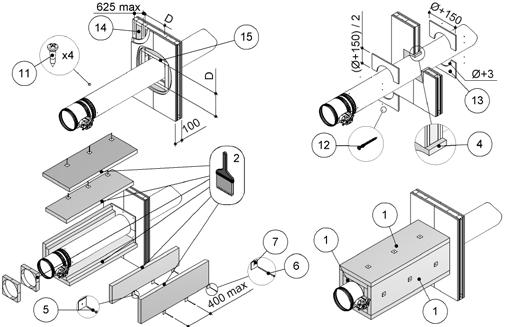 D Hålstorlek: se tabellen ovan S Min. väggtjocklek: se tabellen ovan 1. Stenull-skiva (tjocklek: 50 mm, densitet: 140 kg/m³). 2. Tätning av typen PROMASTOP E PASTE eller HILTI CFS-S ACR 3.