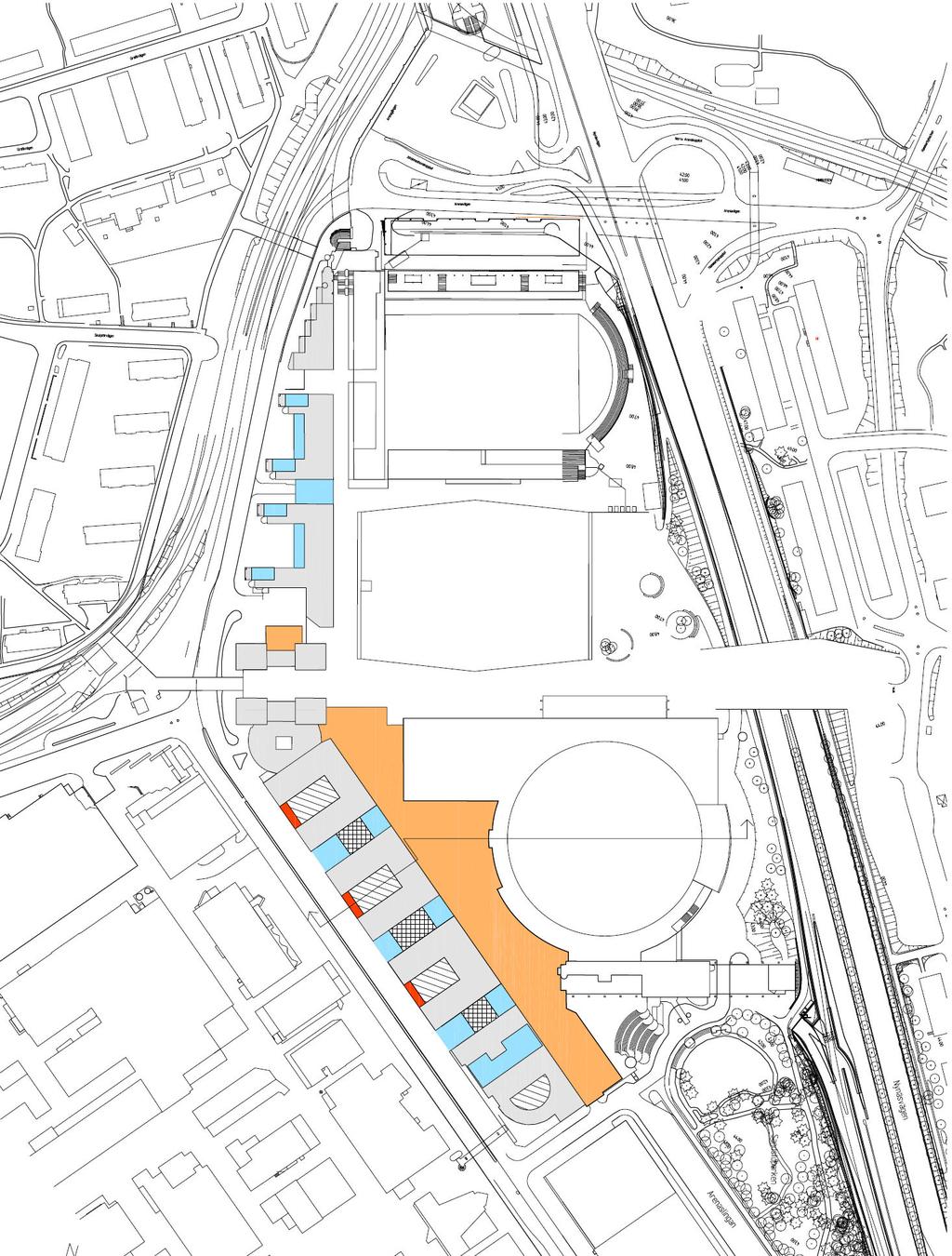 4 (10) Planförslaget Situationsplan över föreslagna tillbyggnader med överbyggt Arenatorg och andra