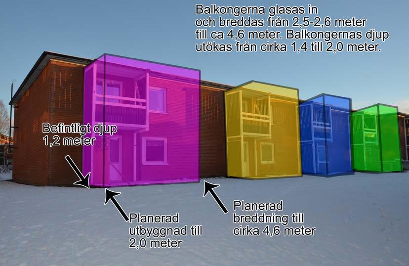 11 Antagandehandling Bild 8. Fotomontage över föreslagen storlek på balkongerna. Jämför med bild 6 för befintligt utseende. Balkongerna är markerade med tydlig färg för att de ska synas.