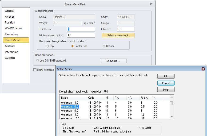 Under fliken Sheet Metal visas inställningarna för den specifika parten. Klicka på knappen Select a new stock för att välja en ny egenskap från plåttabellen.