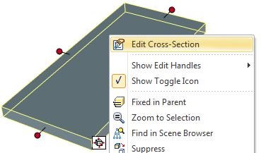 Tvärsnittet/Cross-Section för Sheet Metal-features Som vi tidigare sett går det enkelt och smidigt att byta mellan de två typerna av handtag genom att använda [TAB] på tangentbordet, den vita