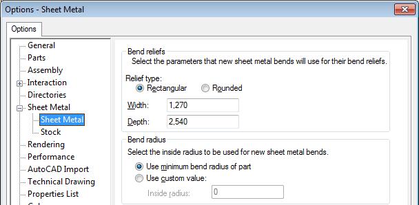 Options, Sheet Metal Standardinställningarna för Sheet Metal-parter