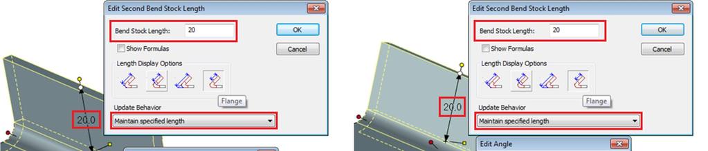 När man sätter Update Behavior till Maintain Specified Length bibehålls bockens längdtillägg (Second Bend Stock Length) med ett fast värde när man ändrar vinkel på bocken, på bekostnad av den