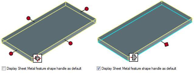 Display Sheet Metal feature shape handle as default Kontrollerar om man ska använda de röda runda Sizebox-handtagen (vid Av) eller de röda fyrkantiga