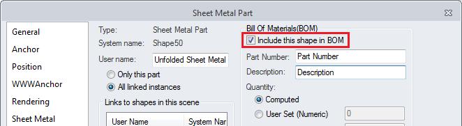 Set new unfolded Sheet Metal part as Included in BOM Kontrollerar om även den utbredda plåten automatiskt ska använda inställningen Include in BOM och alltså