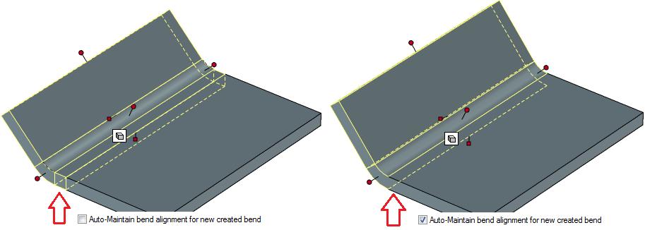 Auto-Maintain bend alignment for new created bend (First Bend Stock) Denna inställning kontrollerar hur First Bend Stock ska hanteras när bockvinkeln ändras.