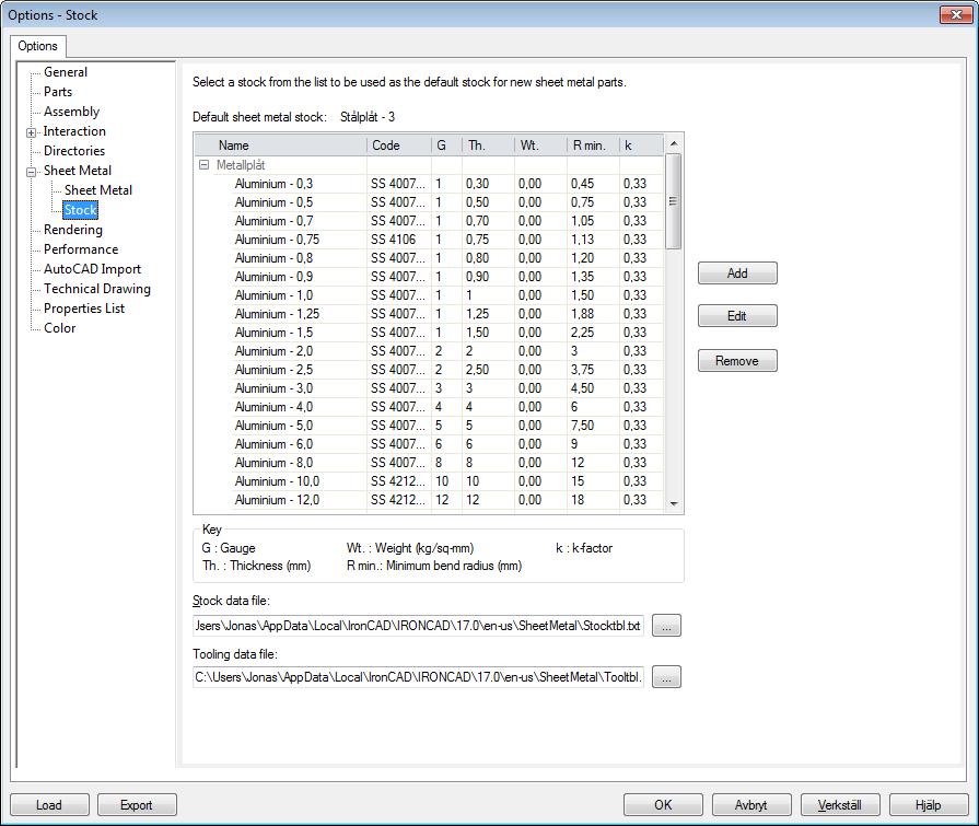 Options, Sheet Metal Stock Inställningarna kring standardtjocklek för nya plåtar samt sökvägar till plåttabellerna finns tillgängliga under Options, Sheet Metal > Stock.