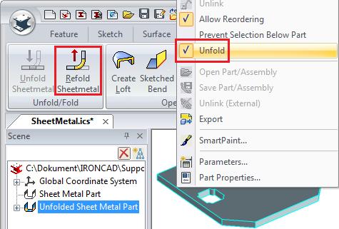 Det finns också en Refold Sheetmetal-knapp under fliken Sheet Metal. Den utbredda plåtens ikon går att flytta i trädet, t.ex. om man vill lägga den i en sammanställning.