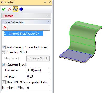 Breda ut importerad geometri Det är möjligt att breda ut importerade modeller som inte har skapats som en IRONCAD-modell från start med verktyget Solid/Surface Flat Pattern from Faces.