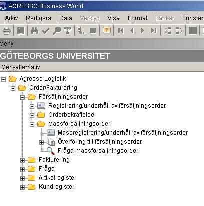 Registrering av massförsäljningsorder i AGRESSO Logistik För att registrera en massförsäljningsorder, välj AGRESSO Logistik-Order/Fakturering-