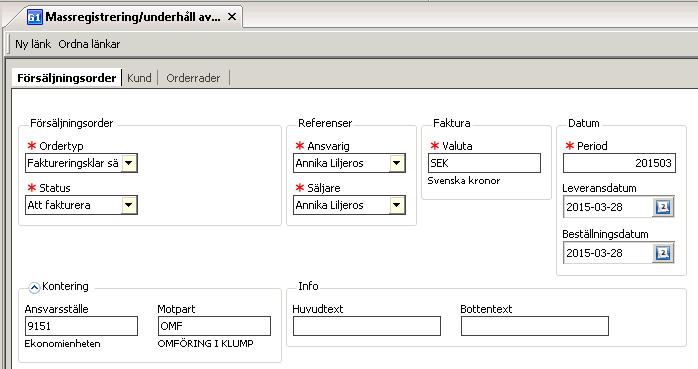 Flik Försäljningsorder Ange