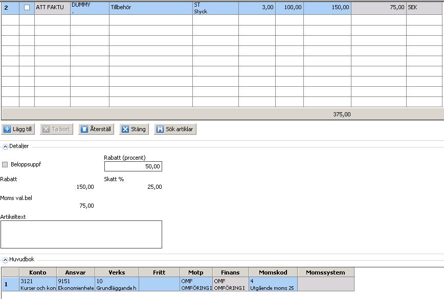Genom att markera resp orderrad, ges möjlighet att ange rabattprocent i rutan för Detaljer, samt att se och
