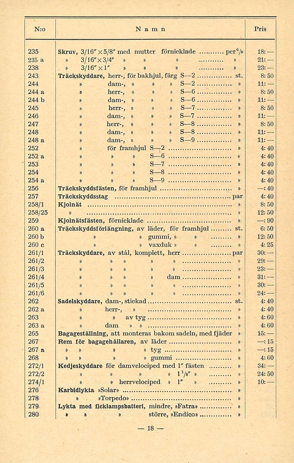 235 Skruv, 3/16" X 5/8" med mutter förnicklade per /o 18: 235 a 3/16"x3/4" 21: 238 3/16" Xl" 23: 243 Träckskyddare, herr-, för bakhjul, färg S 2 st.