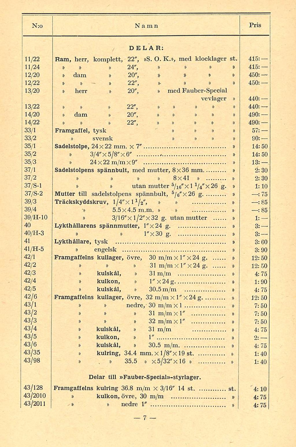 " DELAR: 11/22 Ram, herr, komplett, 22", S. O. K., med klocklager st.