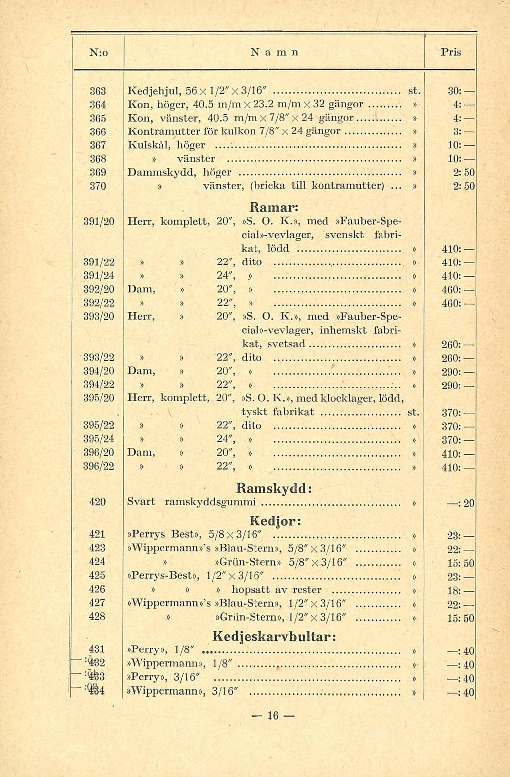 363 Kedjehjul, 56x1/2" x 3/16" st. 30: 364 Kon, höger, 40.5 x 23.2 x 32 gängor 4: 365 Kon, vänster, 40.5 x7/8"x24 gängor.'.