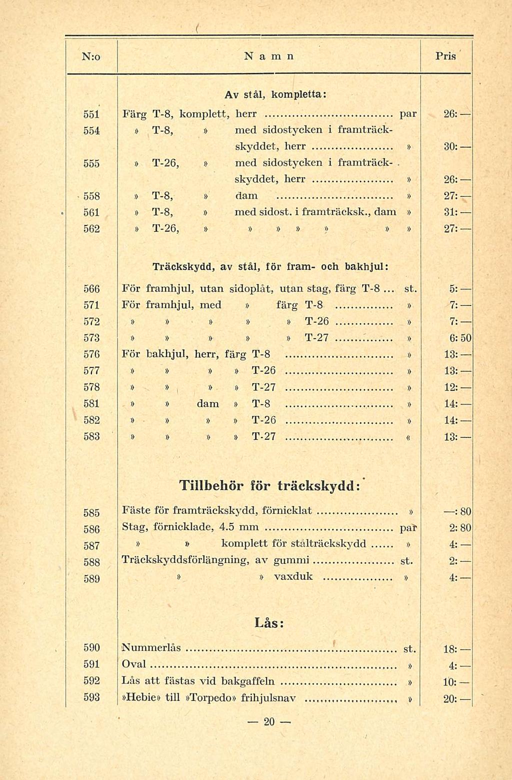 Av stål, kompletta: 551 P'ärg T-8, komplett, herr par 26: 554 T-8, med sidostycken i framträckskyddet, herr 30: 555 T-26, med sidostycken i framträck-.