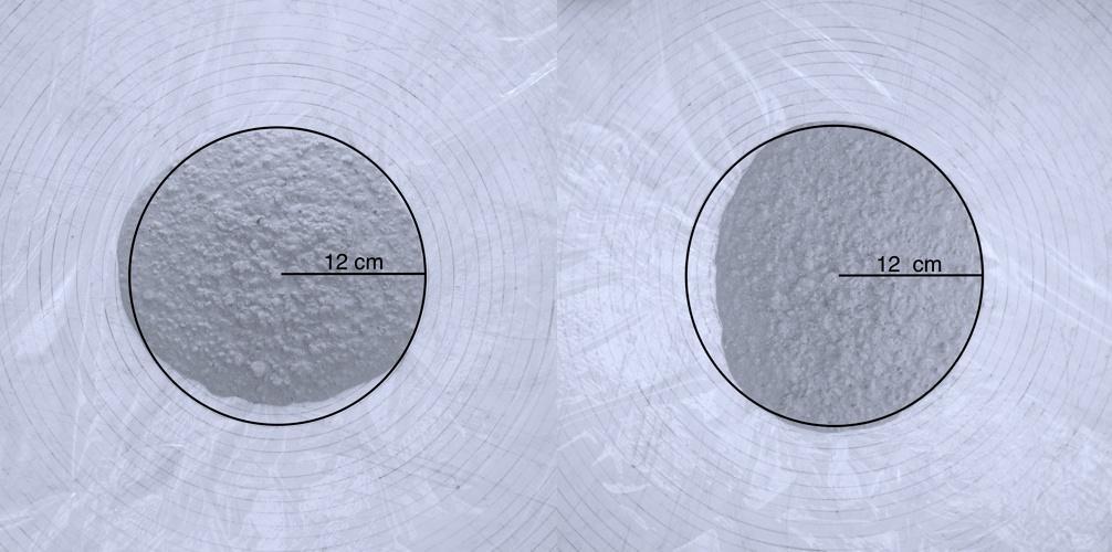 Fig. 7. Mellan varje cirkel är det 1 cm. Vänster och höger bild föreställer banktest av ett tunnflytande resp. tjockflytande bruk. Det går att se att det tunna bruket flutit ut mer men inte mycket.