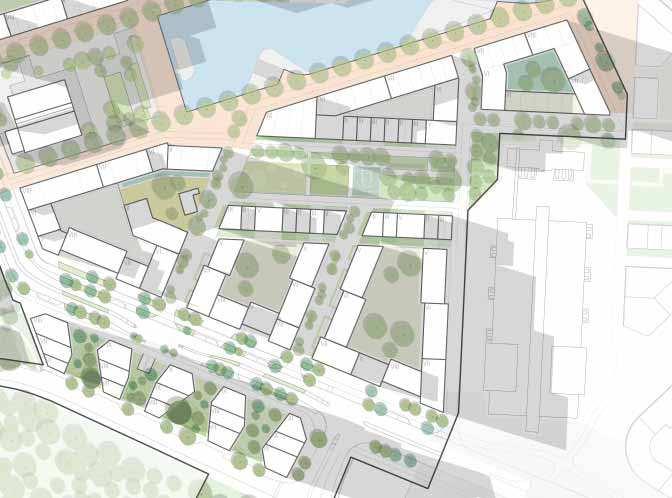 Kvarterens geometri gör att en större del av ytan har sol, jämfört med kvarteren i den norra delen av planområdet.