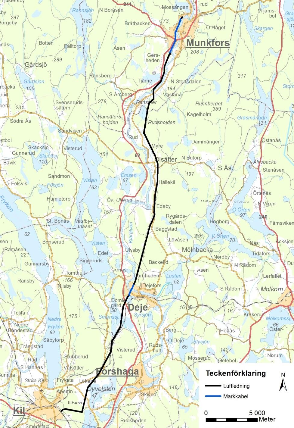 Figur 4. Översikt planerad ny 145 kv ledning. Svart streck är luftledning och blått streck är markkabel.