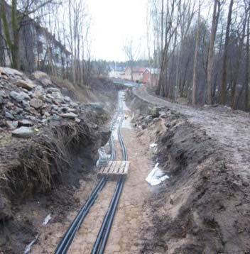 Figur 11. Kabelschakt 145 kv 0,5 m mellan kabelförbanden. Korsningar av större vägar och järnvägar kan där det är möjligt utföras med schaktfri teknik, t.ex. rörtryckning eller styrd borrning.